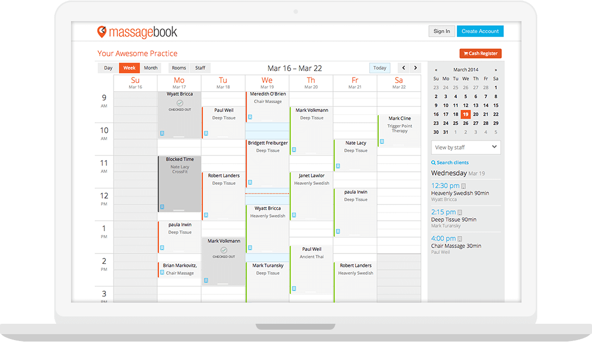 Best Massage Business Tools: MassageBook has easy to use scheduling software. 