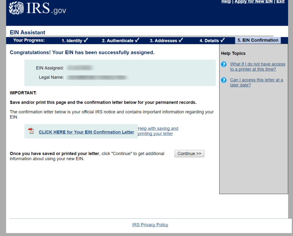 irs assignment of fein internet confirmation page