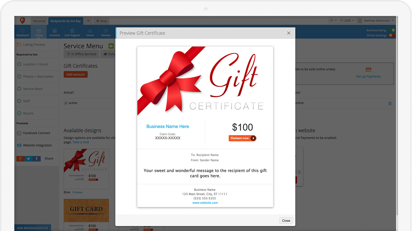 Best Massage Business Tools: MassageBook gives you the ability to sell gift certificates.